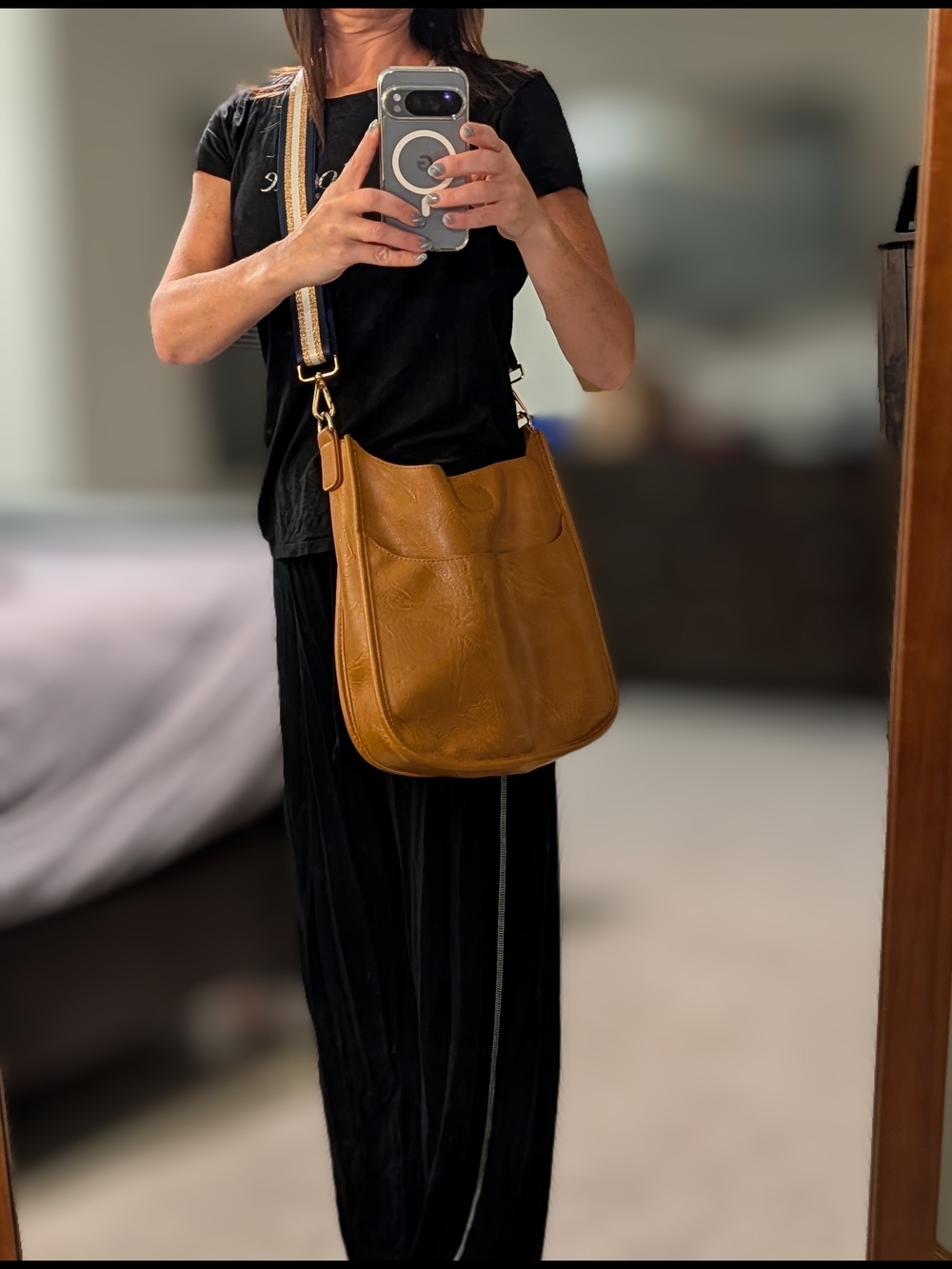 Social Threads Vegan Leather Crossbody Bag in Camel Brown With Two Straps